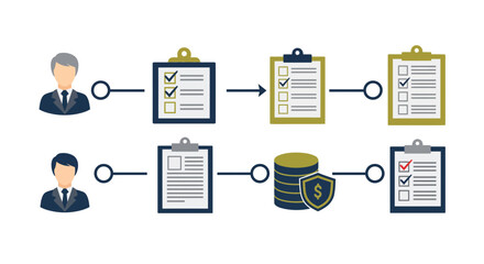 Streamlined workflow illustration showing business processes, money protection, and security compliance checks for project management success in visual form
