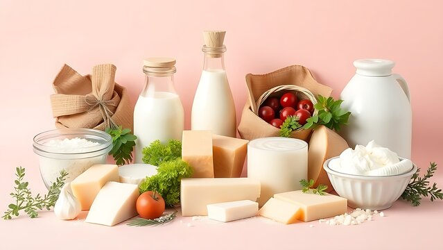 casein. Fresh dairy products neatly arranged under soft lighting with a clean pastel background. menu design, packaging mockups, designed for food delivery and cloud-kitchen brand materials.