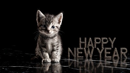 Adorable tabby kitten posing next to happy new year lettering on a reflective black marble surface