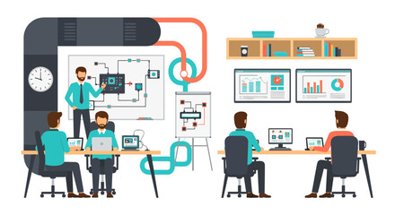 Dynamic teamwork in modern office for data analysis and innovative strategy development, fostering collaboration and success in business presentations