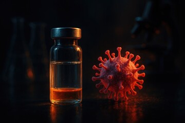Coronavirus threat meets medical solution vial, virus particle and vaccine research