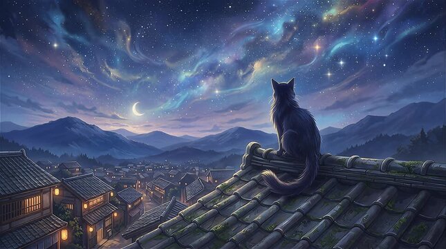  cat sits on a roof. Moon and stars illuminate a Japanese village and mountains. Fantasy, dream, and anime concept of solitude.