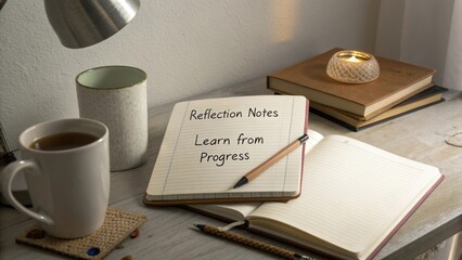 Cozy Workspace with Reflection Notes and Warm Lighting for Personal Growth and Productivity