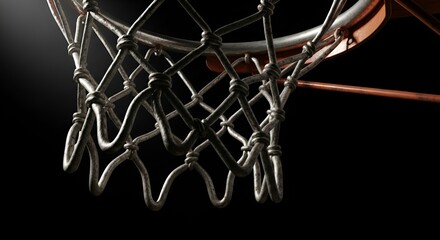 A dramatic, close-up view captures the texture and form of a worn basketball hoop net,isolated dark.
