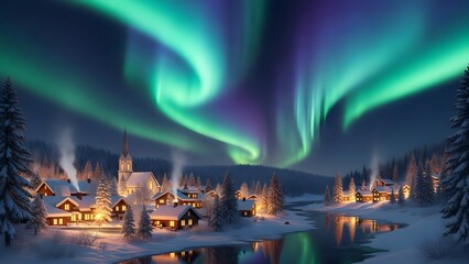 Obraz premium Mesmerizing aurora borealis lights up a peaceful winter village, its vibrant green and purple hues reflecting in the calm river under a starry night sky, creating a magical natural spectacle