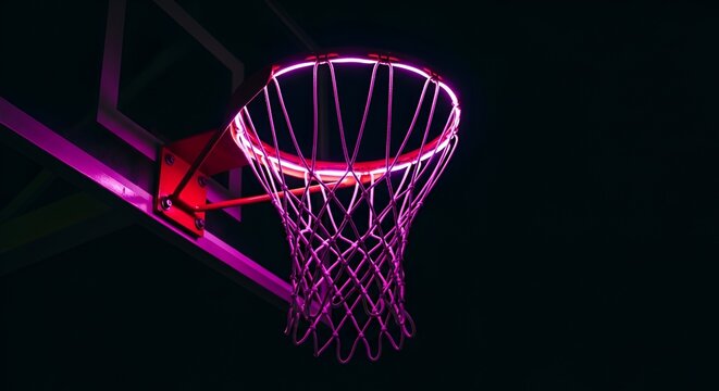 A low angle shot captures a basketball hoop glowing with vibrant pink neon lights in the dark. - Powered by Adobe