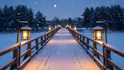Snow-covered bridge illuminated by lanterns, leading through a winter forest with falling snow