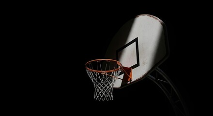 Isolated basketball hoop stands illuminated against stark darkness, creating a powerful contrast.