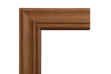 Wooden frame corner element with brown wood texture, decorative border molding for design templates, isolated on transparent background