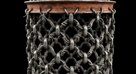 Close-up shot showing detail of rusty chains intricately woven and attached to a metal ring object.
