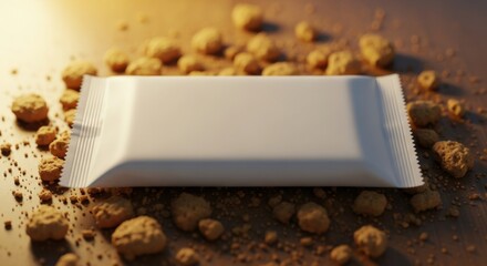 A white snack package lies open on a surface covered with crumbs and debris in a messy environment.