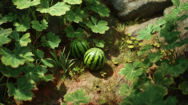 a tranquil garden scene. a patch of vibrant green watermelon plants is the centerpiece, with the ripe fruits hanging low among the lush foliage