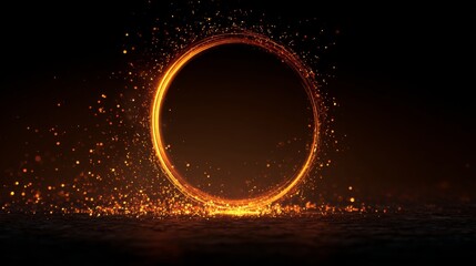 a striking visual of an oversized, illuminated ring floating against a dark backdrop, with particles or sparks seemingly emanating from it, creating a dynamic and mystical effect