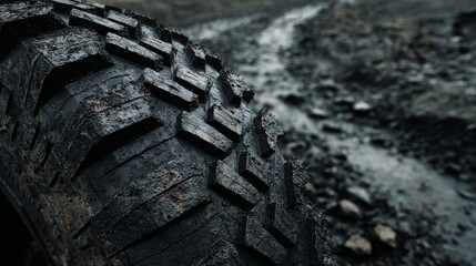 a muddy tire treads are prominently featured against a background of a wet, possibly rainy environment with dark elements that suggest recent heavy use or challenging conditions