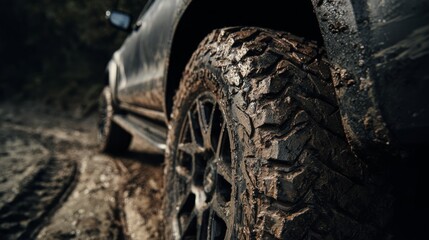 a large truck with mud covered tires parked at an angle on a rugged off road terrain