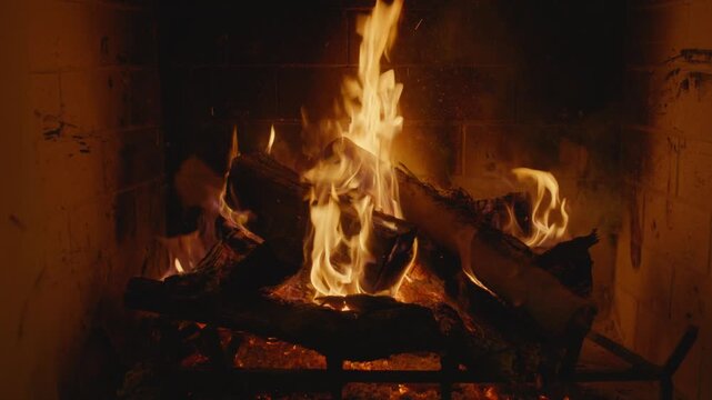 Plate shot of a cozy fireplace with flickering flames and glowing embers, creating a warm and inviting atmosphere.