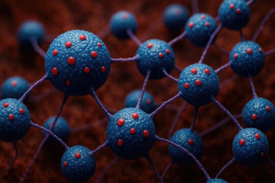 Microscopic network of connected blue spheres with red dots, science molecule structure, cell biology research