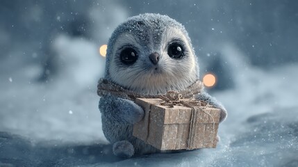 Adorable baby owl with big eyes holding a christmas gift in a snowy winter wonderland scene outdoors