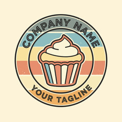 Vintage Cupcake Logo with Retro Stripes and Circular Frame for Bakery or Dessert Business.