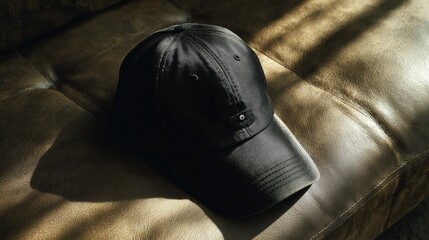 an indoor setting with a focus on two primary subjects: a black baseball cap and a large, brown couch