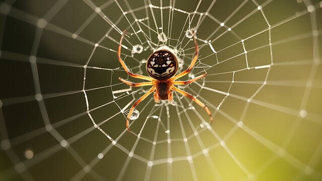 lemuria. A spider mending its intricate web with glistening threads in morning light. wildlife magazines, conservation campaigns, designed for eco-tourism storytelling, used by motion designers.