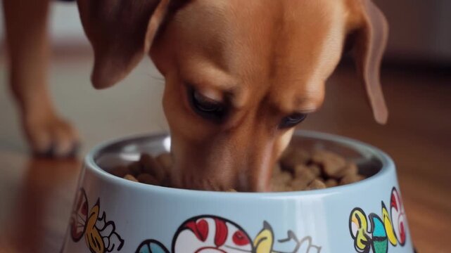 Close-up of a small light brown dog eagerly eating dry kibble from a colorful blue food bowl indoors.