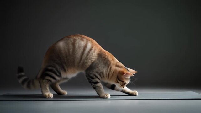 A striped tabby cat in a playful pounce stance on a grey floor with a dark background.