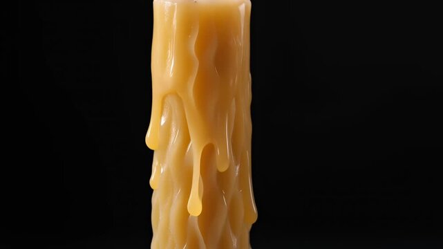 A close-up shot of a yellow candle with intricate wax drips against a dark background.