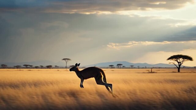 Kangaroo hopping across a golden field with scattered trees under a cloudy sky at sunset or sunrise kangaroo video