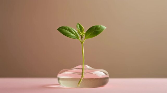 A small green plant sprout with fresh leaves growing in a clear glass container with water, set against a minimalist background.