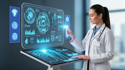 Confident female doctor analyzes futuristic holographic medical data for advanced patient care - Powered by Adobe