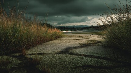 a path leading towards a body of water under a gloomy, cloudy sky. the path appears to be worn and cracked, suggesting frequent use
