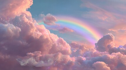 a cloudy sky with a rainbow prominently featured, suggesting it's either sunrise or sunset with the colors of the rainbow scattered across the clouds