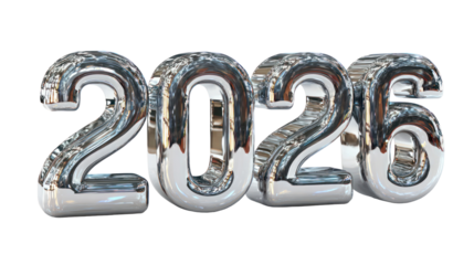 Bold 3D metallic 2026 typography with reflective surface isolated on transparent background
