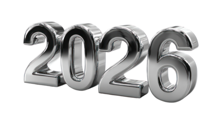 Bold 3D metallic 2026 typography with reflective surface isolated on transparent background