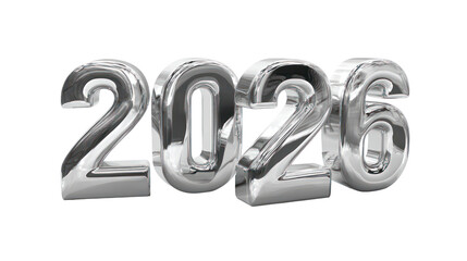 Bold 3D metallic 2026 typography with reflective surface isolated on transparent background