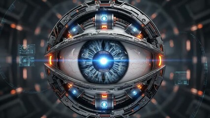Dynamic cybernetic eye scans data with futuristic holographic interfaces in advanced surveillance - Powered by Adobe