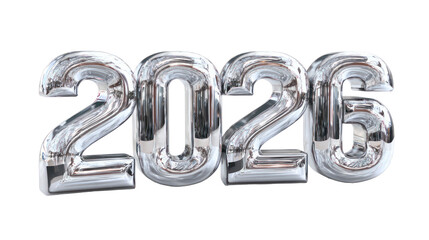 Bold 3D metallic 2026 typography with reflective surface isolated on transparent background