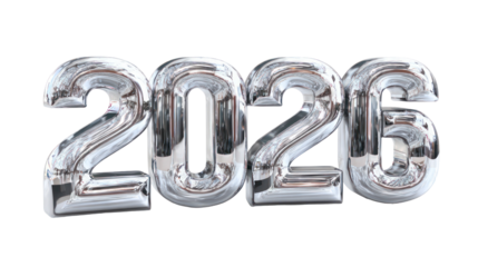 Bold 3D metallic 2026 typography with reflective surface isolated on transparent background