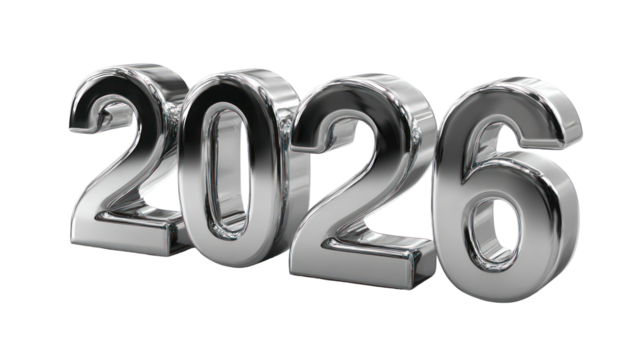 Bold 3D metallic 2026 typography with reflective surface isolated on transparent background