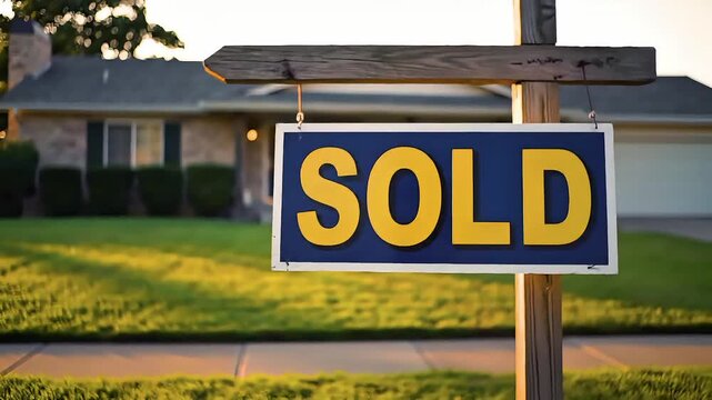 Sold sign on a wooden frame in a sunny suburban yard, with a house behind a greenish, lush lawn