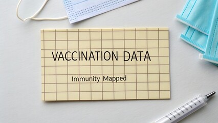 Vaccination Data Card on White Surface with Face Masks and Syringe, Immunity Tracking Information for Health Professionals