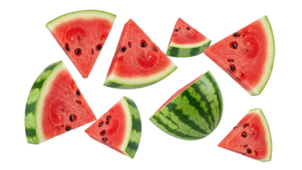 Sliced Watermelon Pieces with Seeds isolated on a transparent background fruit green