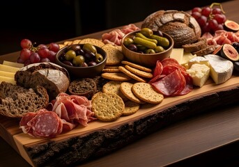 Gourmet Charcuterie Board with Assorted Cheeses, Cured Meats, Crackers, Fruits, and Olives on a Wooden Platter