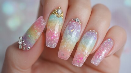 an eye catching nail art design featuring colorful hues and what appears to be a sparkly, multi colored pattern resembling a cosmic background or perhaps a blend of neon lights and confetti