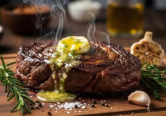 Hot grilled ribeye steak with melting herb butter and steam, garnished with rosemary and garlic on a rustic wooden cutting board.