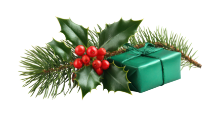 Christmas gift with holly and pine needles isolated on transparent background