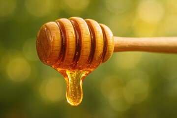 Sweet golden honey dripping from wooden dipper, natural food ingredient for breakfast and cooking
