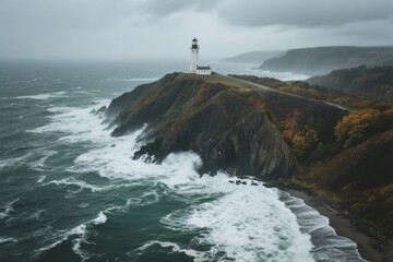 A lighthouse stands atop a rugged coastal cliff overlooking turbulent ocean waves under an overcast sky.
