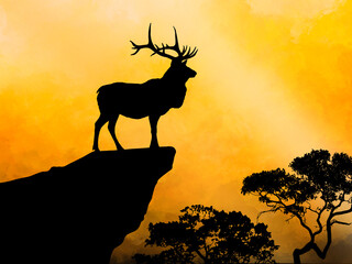 This wildlife silhouette artwork features a majestic elk, a deer, and a fawn standing in a peaceful forest at sunset. The warm watercolor background creates a calm and natural atmosphere, perfect for 